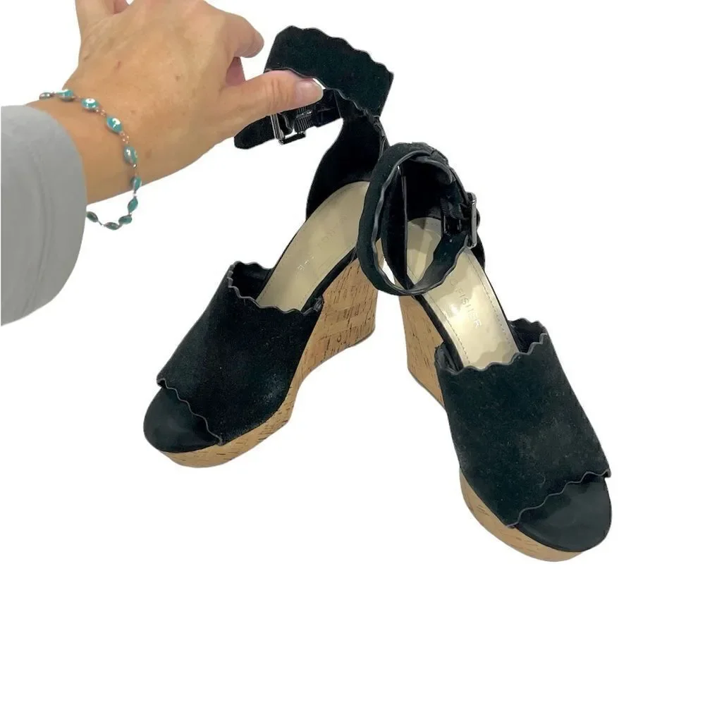 Marc Fisher black suede cork wedges sandals size 6M runs big